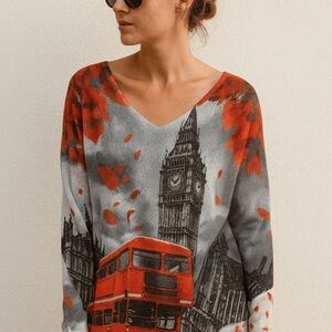 London Double Decker Bus Graphic Top in Red and Gray